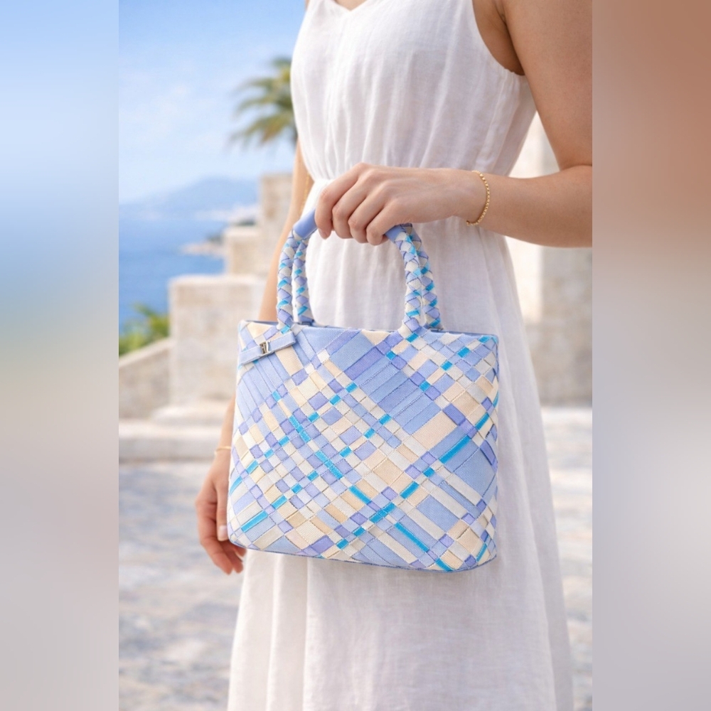 Salvatore Ferragamo Pastel Blue, Cream & Pale Yellow Woven Tote